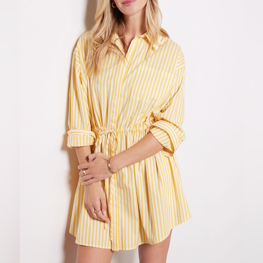 Pistola Layla Cinched Oversized Shirt Dress Yellow Stripes Size XS